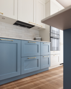 Another view of the striking difference between lower cabinets in pastel blue and upper cabinets in white