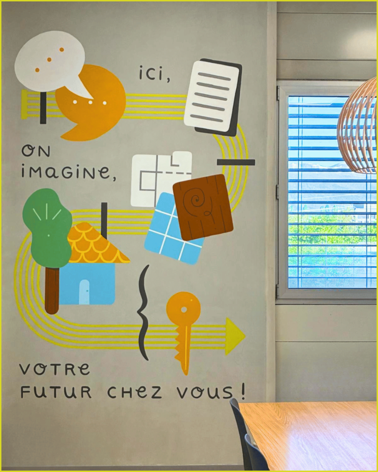 Colorful mural painted on a wall shows the homebuilding journey
